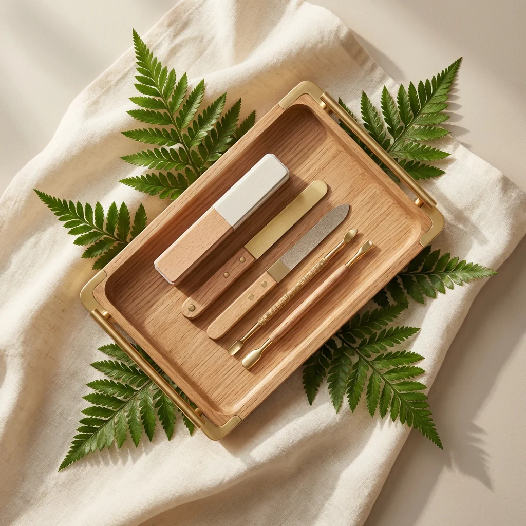 Glossy black almond nails with single gold fern accent